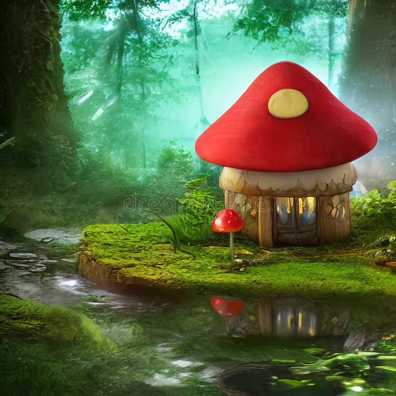 Petit chalet fantastique en forme de champignon dans la forêt magique illustration stock
