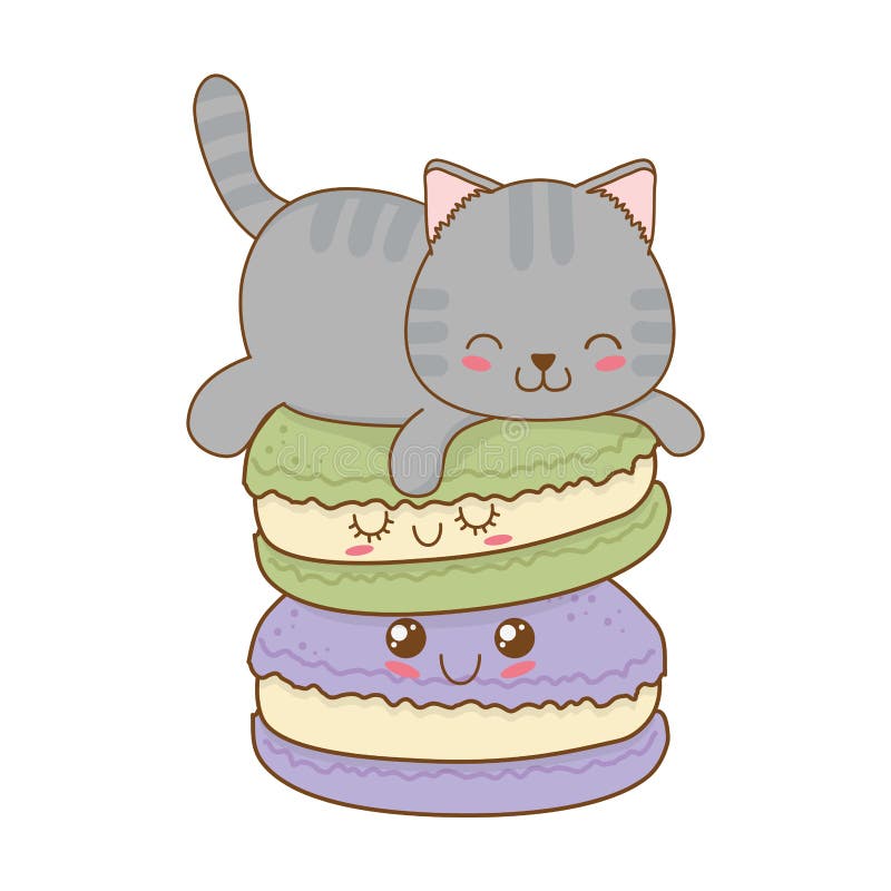 Illustration vectorielle dessinée à la main d'un kawaii macarons drôles  avec des oreilles de chat