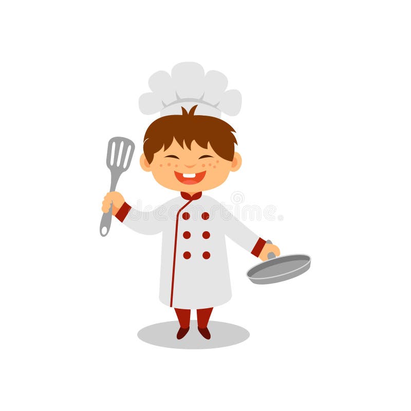 Petit cuisinier heureux avec la casserole et la spatule dans des mains Garçon gai dans l'uniforme de chef Le travail rêveur Conce