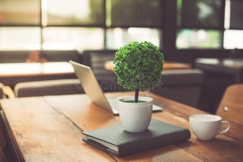 Petit d?corez la tasse d'arbre, d'ordinateur portable, de carnet et de caf? dans sur la table en bois dans le caf? L'espace de Co photo libre de droits Petit d?corez la tasse d'arbre, d'ordinateur portable, de carnet et de caf? dans sur la table en bois dans le caf? L'espace de Co photo libre de droits