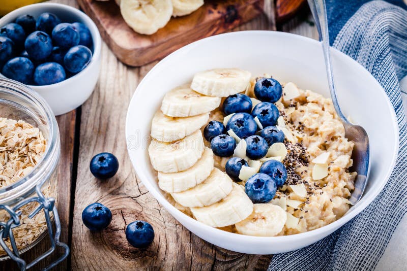 Breakfast: oatmeal with bananas, blueberries, chia seeds and almonds. Selective focus. Breakfast: oatmeal with bananas, blueberries, chia seeds and almonds. Selective focus