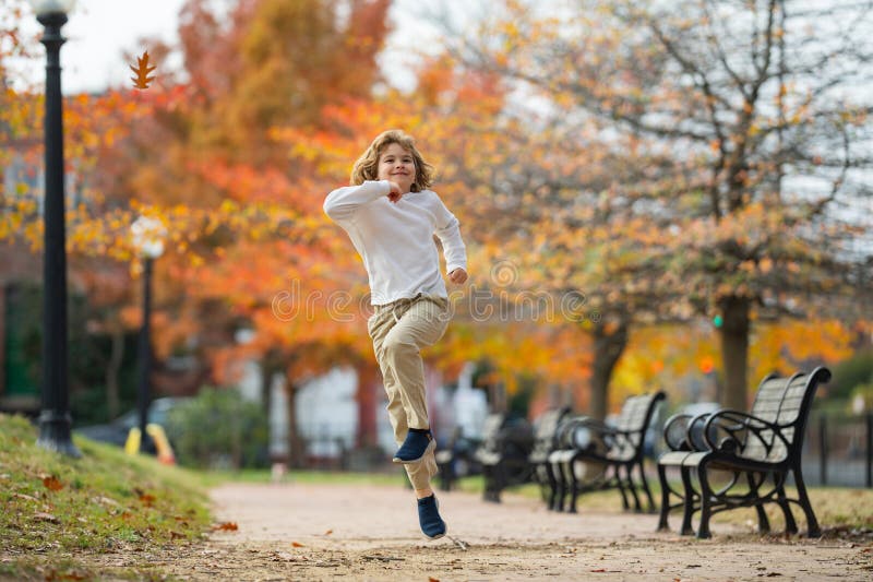 Petit enfant heureux jouer dans le magnifique parc d'automne sur la chaude journée ensoleillée d'automne. les enfants jouent avec images stock
