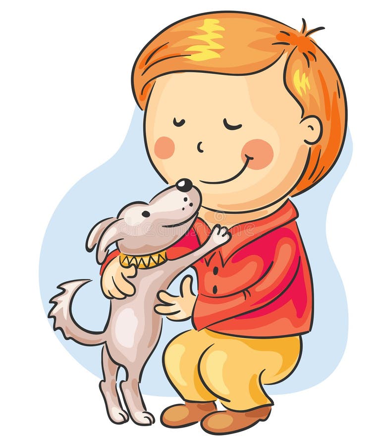 Petit garçon avec son crabot d'animal familier illustration stock Petit garçon avec son crabot d'animal familier illustration stock