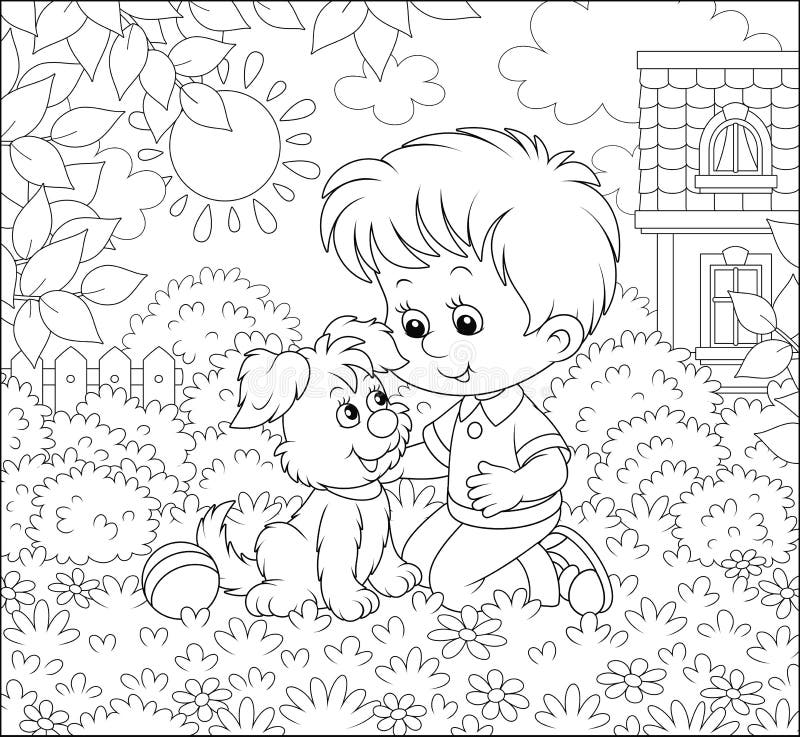 Smiling kid playing with a cute puppy among flowers on a dooryard of his house on a sunny summer day, black and white vector illustration in a cartoon style for a coloring book. Smiling kid playing with a cute puppy among flowers on a dooryard of his house on a sunny summer day, black and white vector illustration in a cartoon style for a coloring book