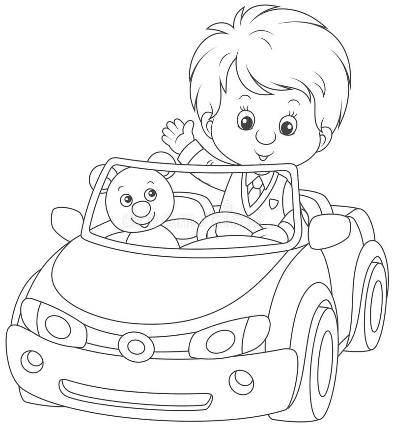 Black and white vector illustration of a preschool child with his teddy bear playing in a small cabriolet. Black and white vector illustration of a preschool child with his teddy bear playing in a small cabriolet