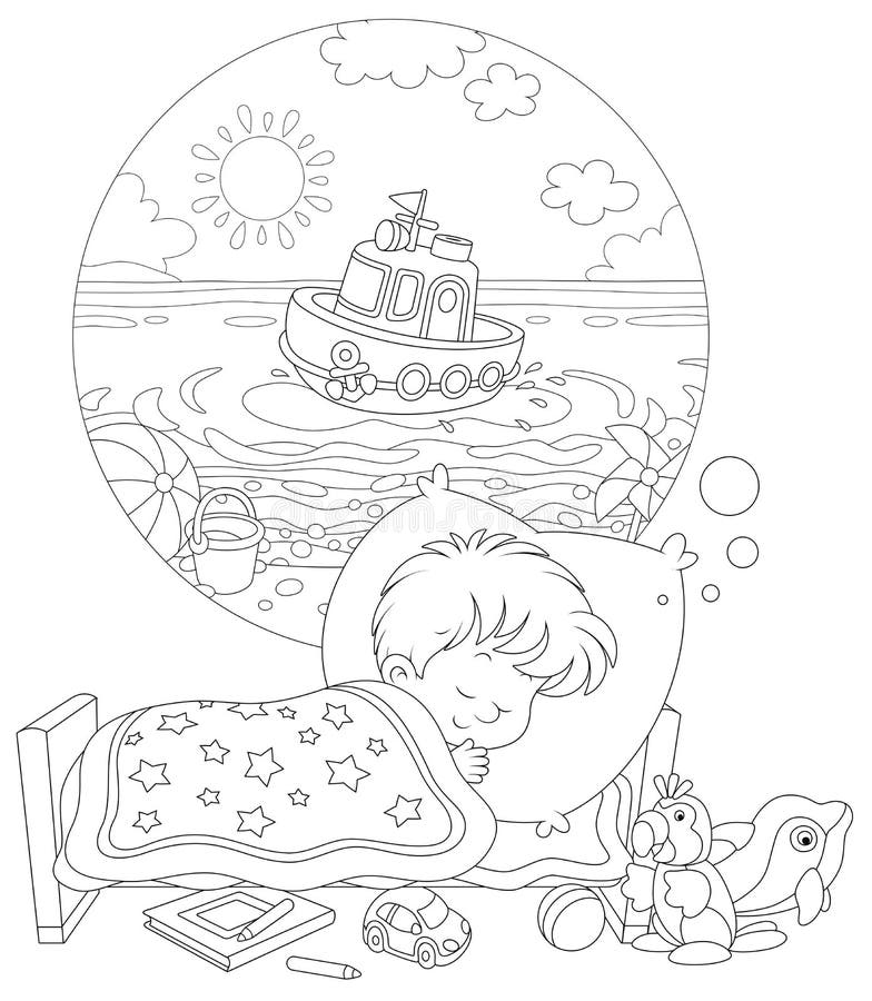 Small child has a dream of a beautiful toy ship in blue water of a sea beach on a sunny summer day, black and white vector cartoon illustration for a coloring book page. Small child has a dream of a beautiful toy ship in blue water of a sea beach on a sunny summer day, black and white vector cartoon illustration for a coloring book page