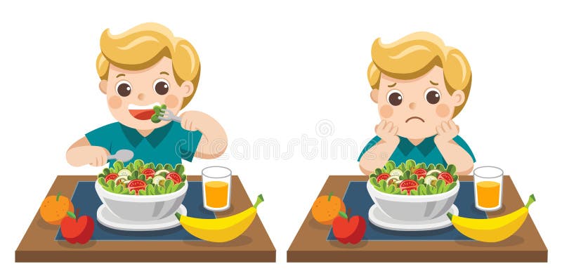 Petit garçon heureux et malheureux de manger des salades