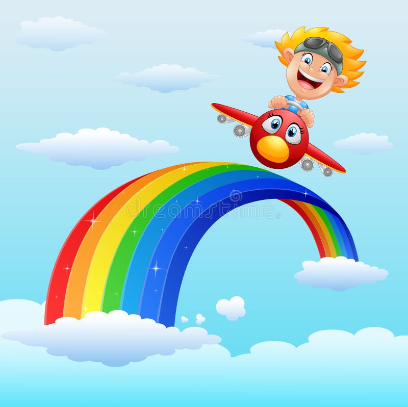 Petit garçon heureux montant un avion en arc-en-ciel proche illustration stock Petit garçon heureux montant un avion en arc-en-ciel proche illustration stock