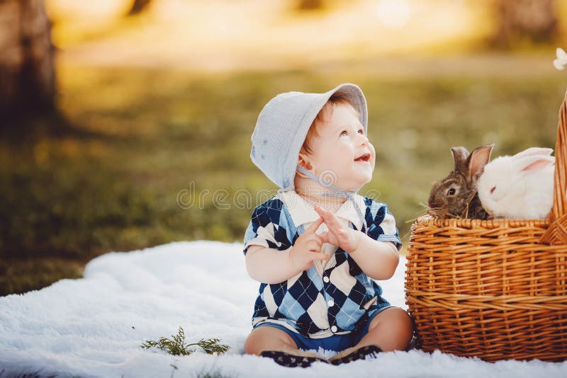 Petit garçon jouant avec des lapins images libres de droits Petit garçon jouant avec des lapins images libres de droits