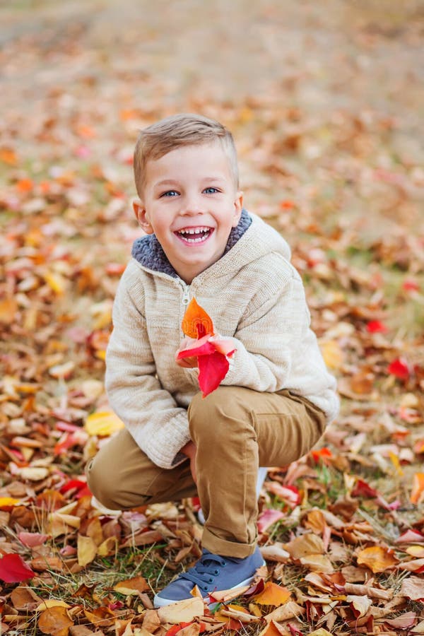 Petit garçon mignon heureux en parc d'automne parmi les feuilles tombées photographie stock libre de droits Petit garçon mignon heureux en parc d'automne parmi les feuilles tombées photographie stock libre de droits