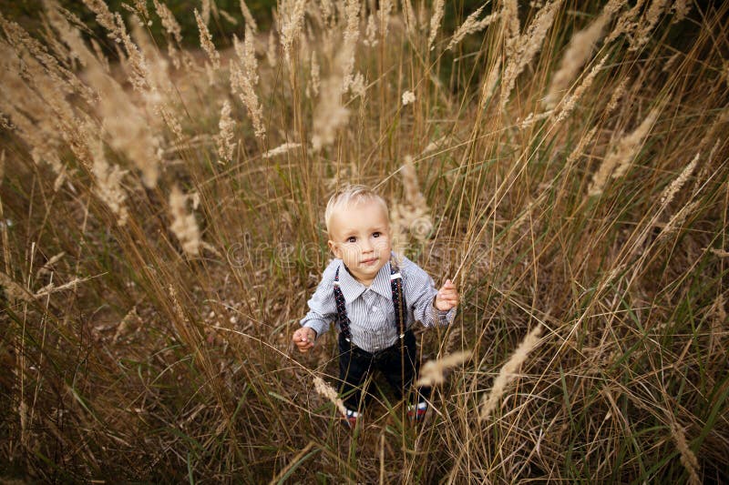 Petit garçon triste dans la haute herbe photos stock Petit garçon triste dans la haute herbe photos stock