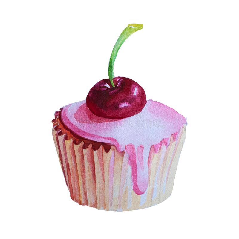 Petit gâteau tiré par la main d'aquarelle avec la cerise Vecteur illustration libre de droits Petit gâteau tiré par la main d'aquarelle avec la cerise Vecteur illustration libre de droits