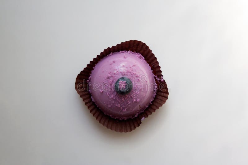 Petit gâteau vitré mauve-clair avec une myrtille d'en haut photo libre de droits Petit gâteau vitré mauve-clair avec une myrtille d'en haut photo libre de droits