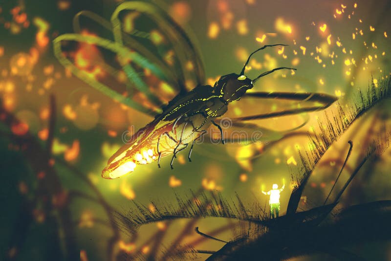 Petit homme dirigeant la luciole géante dans une forêt de nuit illustration de vecteur Petit homme dirigeant la luciole géante dans une forêt de nuit illustration de vecteur