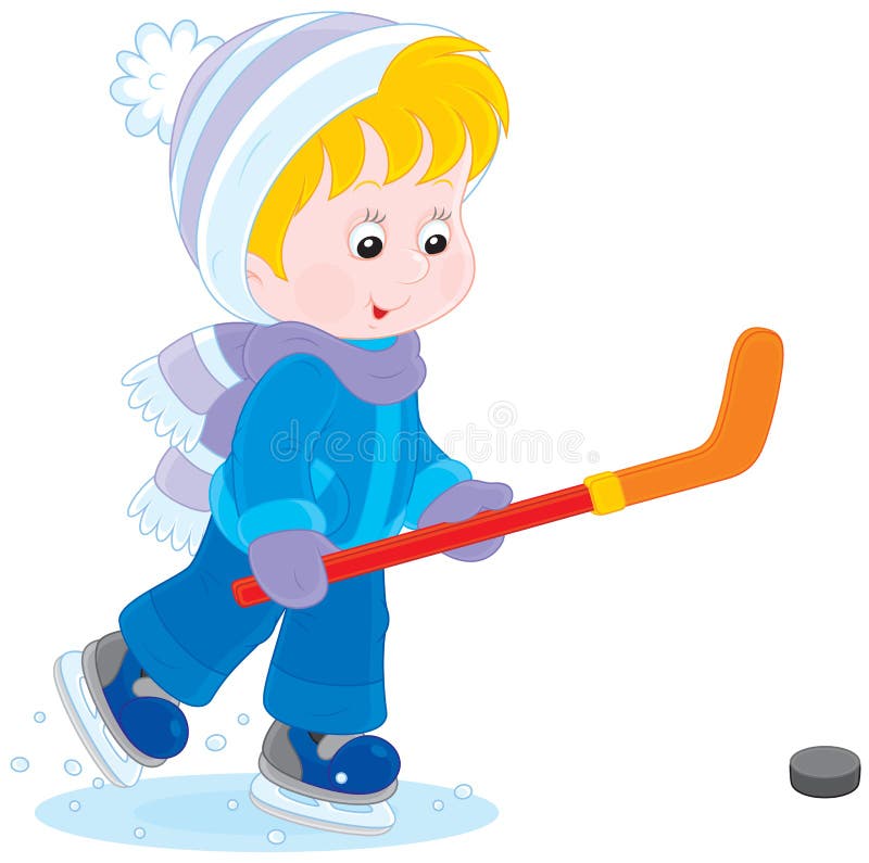 Boy with skates, hockey stick and puck. Boy with skates, hockey stick and puck