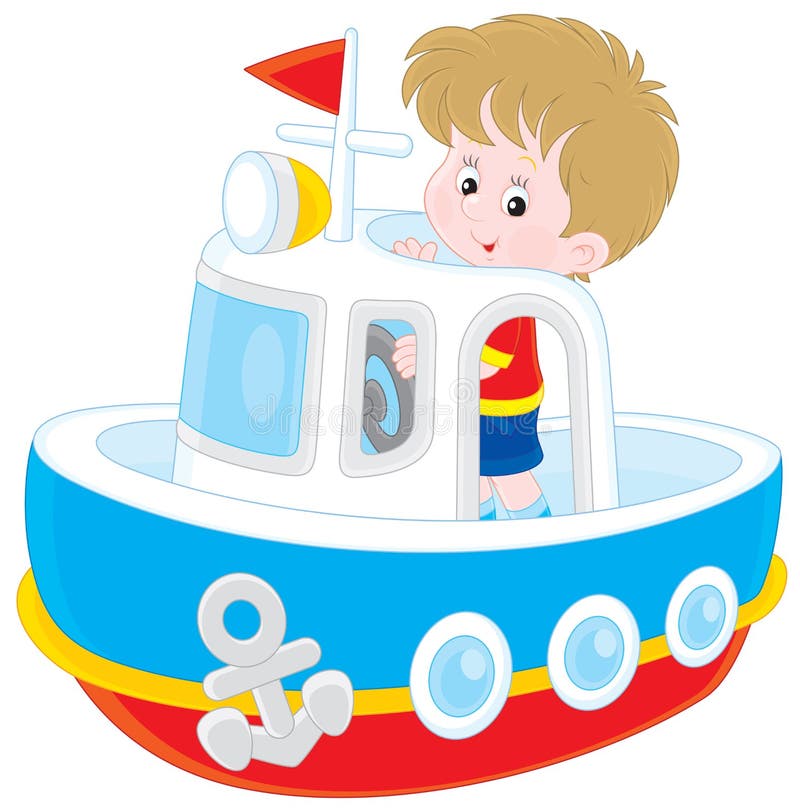 Little boy playing on board of a big toy ship. Little boy playing on board of a big toy ship