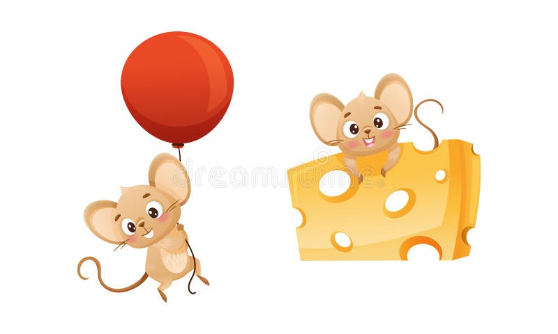 Petit Personnage De Souris Avec Longue Queue Et Grandes Oreilles Volant  Ballon Rouge Et Assis Sur Le Fromage Avec Des Trous Vecteu Illustration de  Vecteur - Illustration du créature, brun: 252831346