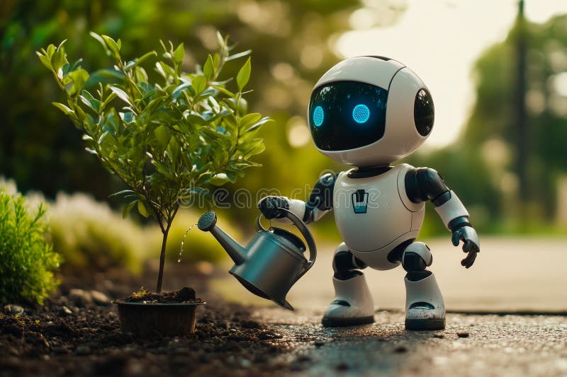 Petit robot arrosant une jeune plante dans un jardin illustration libre de droits