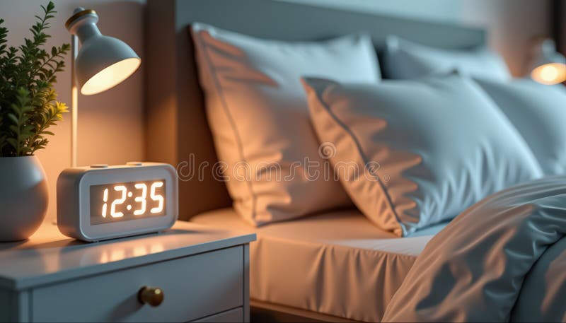 Petit réveil numérique avec des numéros lumineux 12 35 sur la table de nuit. programme de sommeil insomnie habitudes de sommeil images libres de droits