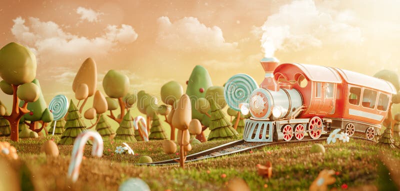 Petit train mignon époustouflant dans la forêt magique. illustration stock
