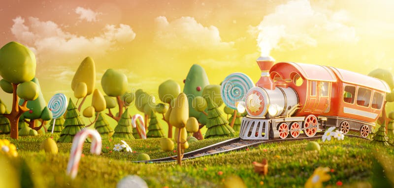 Petit train mignon époustouflant dans la forêt magique. illustration stock