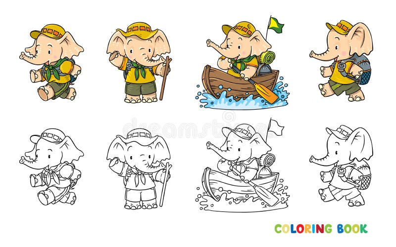 Scouting. Funny baby elephant scout adventure camping coloring book set. Children vector illustration of hiking recreation tourists characters. Scouting. Funny baby elephant scout adventure camping coloring book set. Children vector illustration of hiking recreation tourists characters