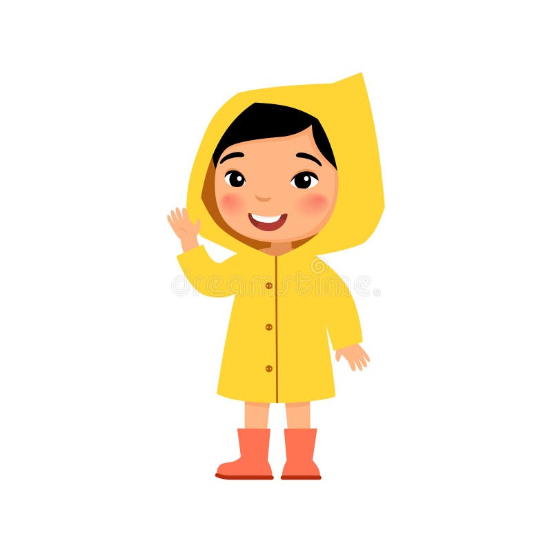 Petite fille asiatique dans des sourires jaunes et des vagues d'un imperméable une main. Personnage de dessin animé permanentes d'