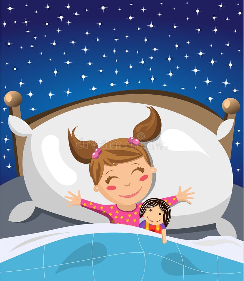 Illustration featuring a cute little girl sleeping and having sweet dreams in bed next to her favourite doll against a starry sky. Eps file is available. You can find other illustrations featuring kids or children in my portfolio. Illustration featuring a cute little girl sleeping and having sweet dreams in bed next to her favourite doll against a starry sky. Eps file is available. You can find other illustrations featuring kids or children in my portfolio