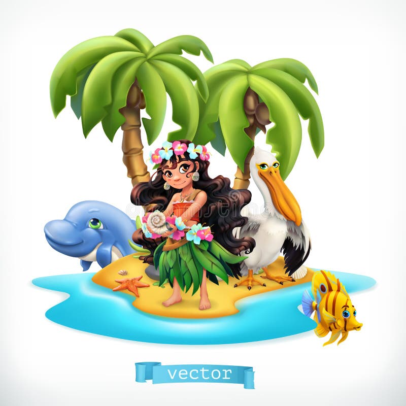 Petite fille et animaux drôles Icône tropicale de vecteur d'île illustration libre de droits Petite fille et animaux drôles Icône tropicale de vecteur d'île illustration libre de droits