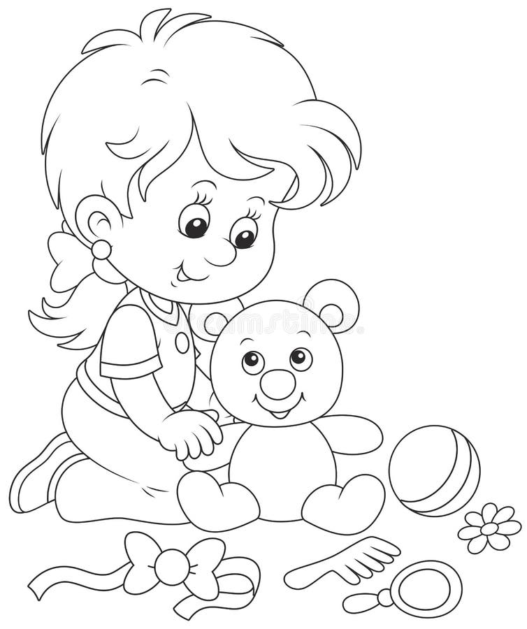 Black and white vector illustration of a cute small girl playing with her toy bear. Black and white vector illustration of a cute small girl playing with her toy bear