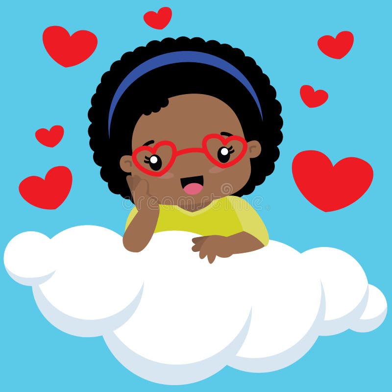 Petite fille noire mignonne avec des verres se reposant sur un nuage