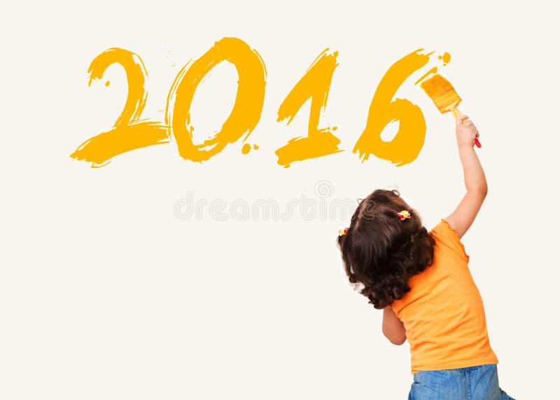 Cute little girl drawing new year 2016 with painting brush on wall background. Cute little girl drawing new year 2016 with painting brush on wall background