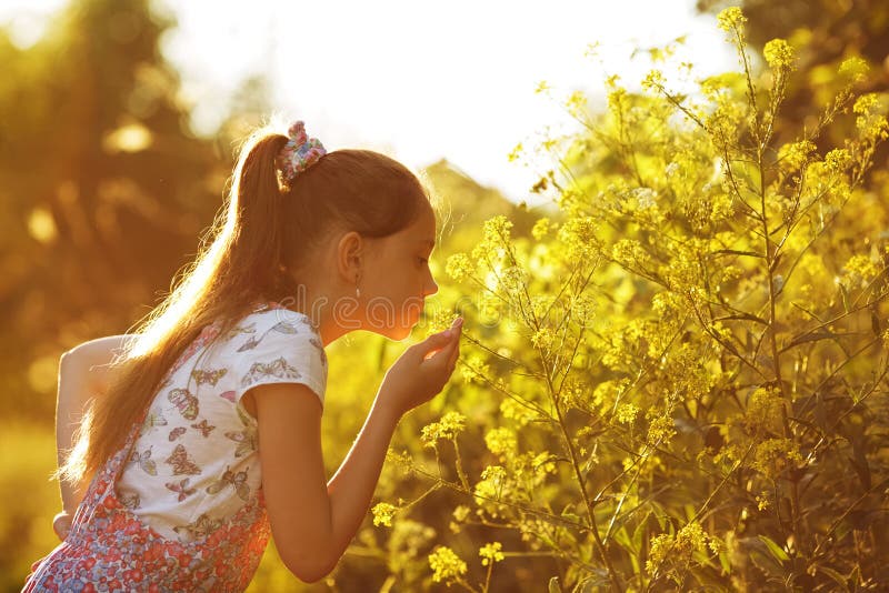 Petite fille reniflant une fleur jaune images stock Petite fille reniflant une fleur jaune images stock