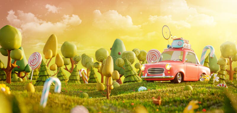 Petite voiture mignonne époustouflante dans la forêt magique. illustration de vecteur