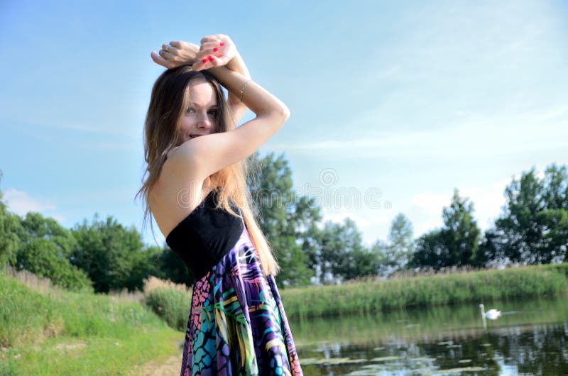 Petite Woman Wearing Dress at Lake Stock Photo - Image of river, kind ...