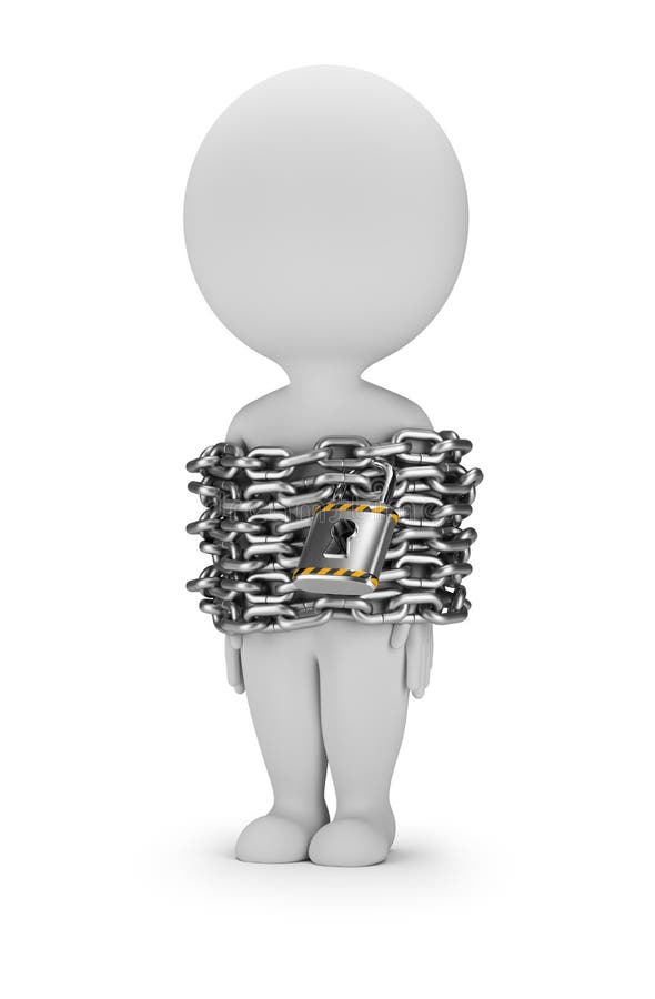 3d small person is standing in chains. 3d image. White background. 3d small person is standing in chains. 3d image. White background.