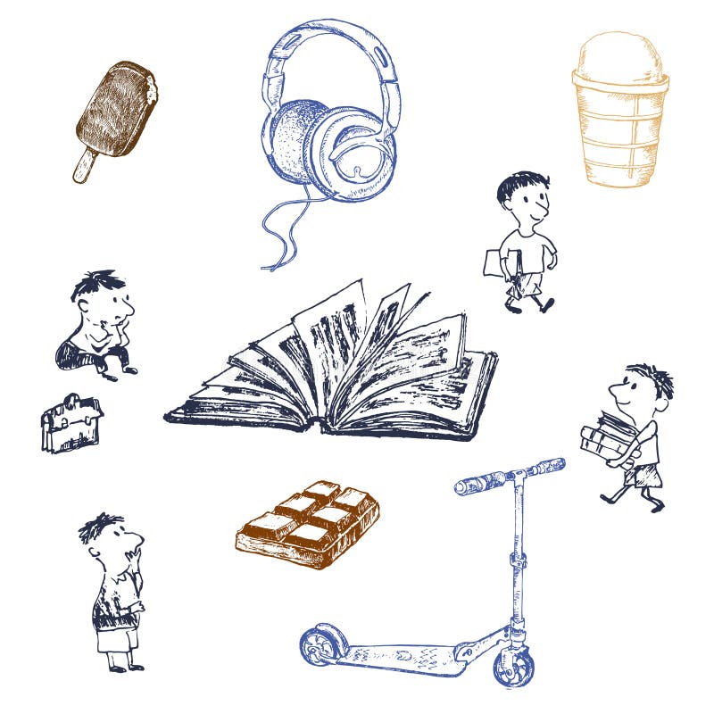 Petites personnes enfants lisant des livres, du chocolat, de la crème glacée et du scooter enfants illustration du dessin vectori illustration de vecteur