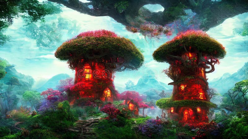Petits chalets de toadstoollike fantastique en forêt magique illustration libre de droits