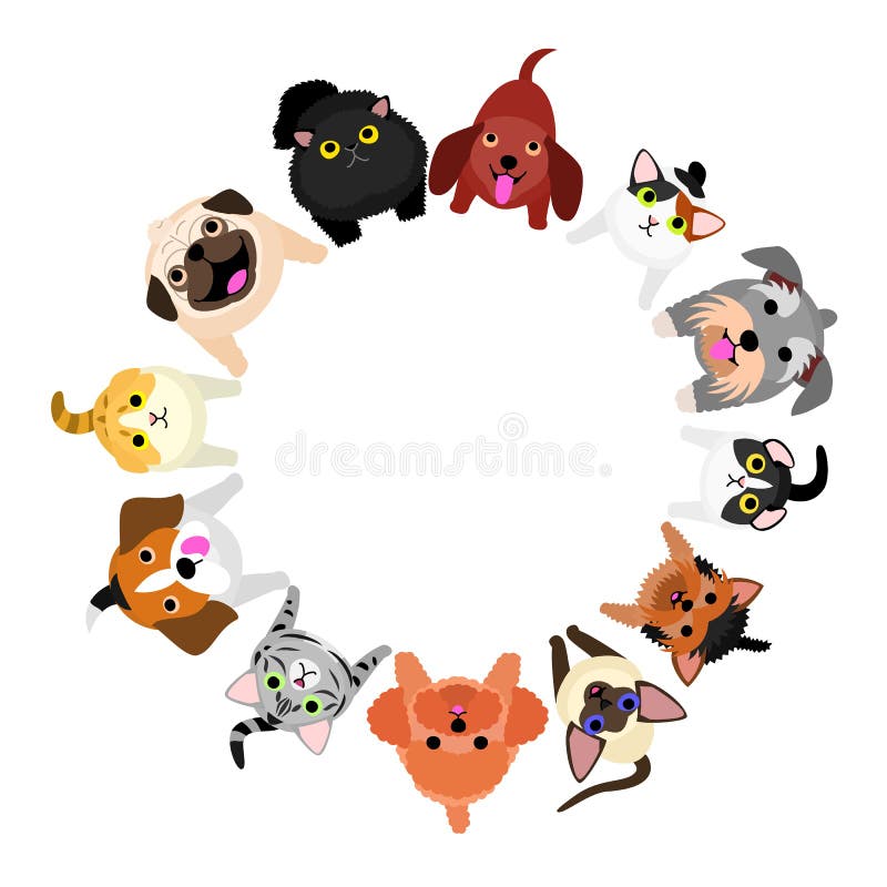 Petits chiens et chats se reposants recherchant le cercle illustration libre de droits Petits chiens et chats se reposants recherchant le cercle illustration libre de droits