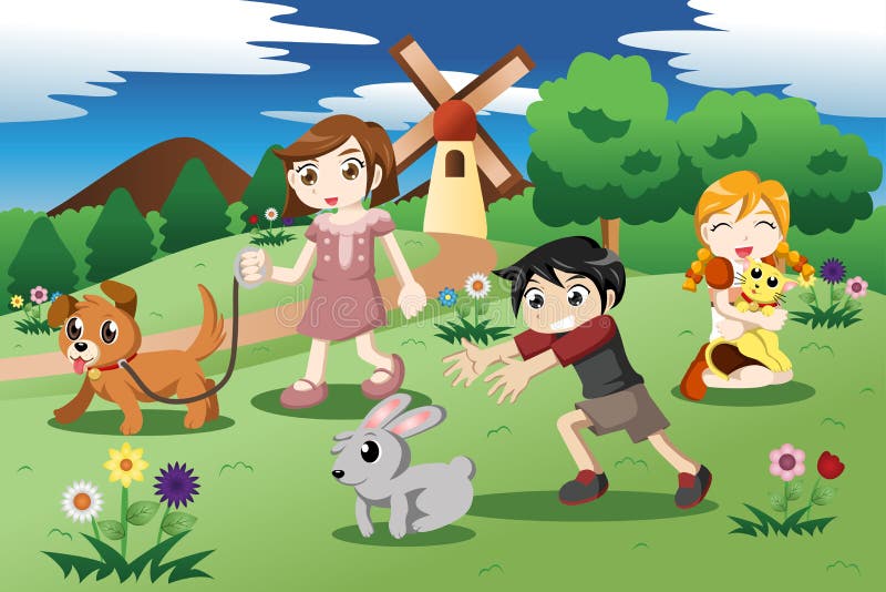 Petits enfants avec des animaux familiers dans le jardin illustration libre de droits Petits enfants avec des animaux familiers dans le jardin illustration libre de droits