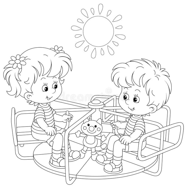 Smiling little kids playing on a swing in a summer park on a sunny day, black and white outlined vector cartoon illustration for a coloring book page. Smiling little kids playing on a swing in a summer park on a sunny day, black and white outlined vector cartoon illustration for a coloring book page