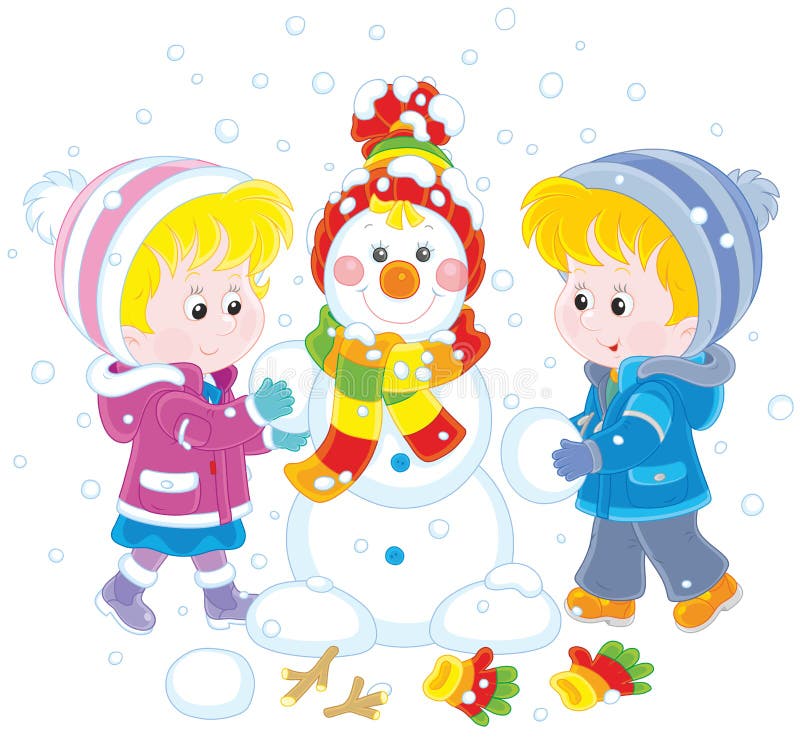 A little girl and a boy making a smiling snowman with a colorful cap and a scarf. A little girl and a boy making a smiling snowman with a colorful cap and a scarf