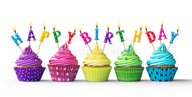Petits gâteaux colorés d'anniversaire sur le blanc image stock Petits gâteaux colorés d'anniversaire sur le blanc image stock