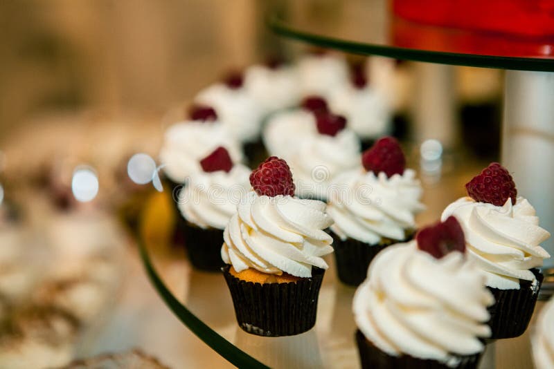 Petits gâteaux délicieux avec des baies sur la fin de fête de table image stock Petits gâteaux délicieux avec des baies sur la fin de fête de table image stock