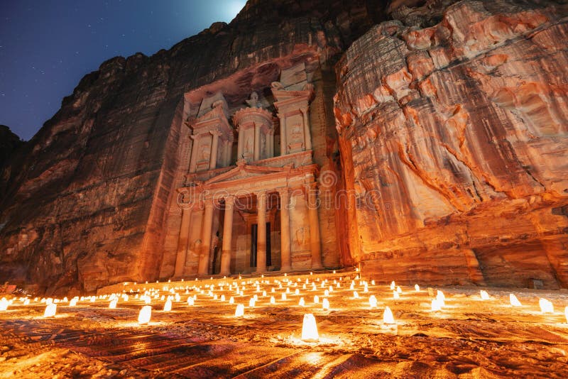 Petra by night, Treasury ancient architecture in canyon, Petra in Jordan. 7 wonders travel destinations in Jordan. Petra by night, Treasury ancient architecture in canyon, Petra in Jordan. 7 wonders travel destinations in Jordan