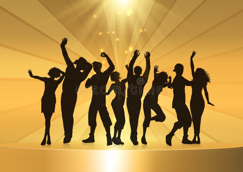 Petrecăreți dansând pe un podium auriu stock illustration