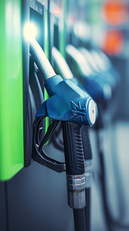 Petrol and Diesel Fuel Nozzles Up Close in a Gas Station Stock