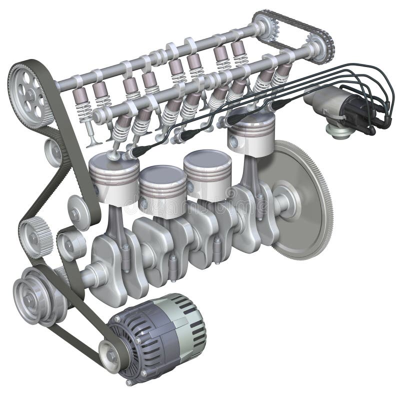 Illustrazione 3D di componenti all'interno di un quattro tempi a benzina, isolato su bianco.