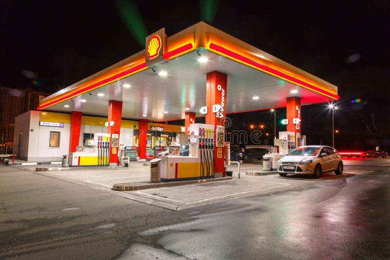 Petrol Gas Station with Night Lights Editorial Stock Photo - Image of ...