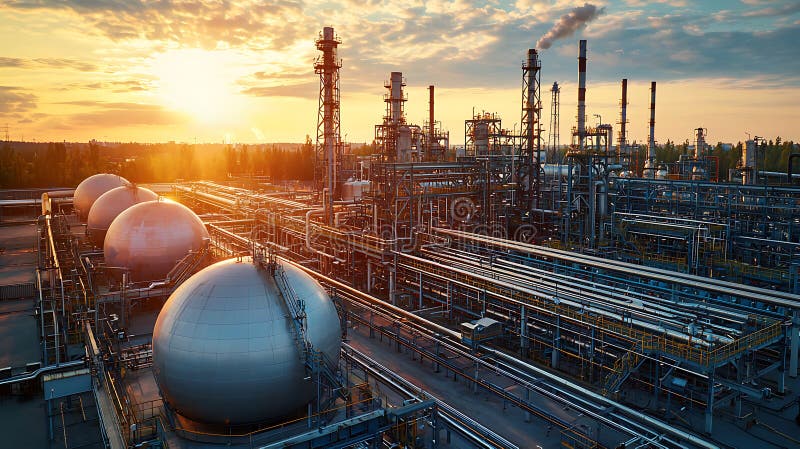 Petroleum Refinery Industrial Complex at Sunset with Storage Tanks stock illustration